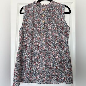 LOFT Sleeveless Floral Smocked Neck Top in Blue, Red and White